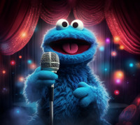 Ein Krümelmonster singt auf einer Bühne in ein Standmikrofon