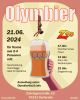 Auf dem Plakat von Olymbier ist eine kleine comicartig gezeichnete Frau zu sehen, die einen Kopfsprung in einen Bierkrug macht, auf dem Kronkorken in den olympischen Farben zu einem Olympialogo angeordnet sind. Rund um den Bierkrug herum sind die Details der Veranstaltung angegeben.