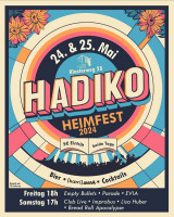 Das Plakat vom Heimfest zeigt in bunten, gedeckten Farben Ringe verschiedener Größen, die von der Mitte des Bildes ausgehen, in dem groß HaDiKo steht. In einem Ring ist eine tanzende Menge silhouettenartig abgebildet und in den Ecken des Plakates erkennt man bunte Blumen. Unter dem Bild sind Ort und Datum der Veranstaltung in Beige auf Schwarz abgedruckt.