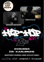 Das Plakat der Veranstaltung zeigt im Zentrum einen gesprayten "HipHop"-Schriftzug. Darüber sind die Künstler zu sehen und darunter Ort und Zeit der Veranstaltung