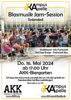 Auf dem Plakat sind Titel, Ort und Zeit der Veranstaltung abgedruckt. Im Hintergrund ist ein Bild einer vergangenen Jam-Session zu sehen. Unten sind die Logos von AKK und KAmpusKApelle abgedruckt.