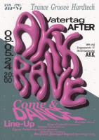 In ballonartiger Schrift schwebt der Text "AKK RAVE" im Vordergrund. Rundherum sind in verschiedenen Schriftarten die untenstehenden Details der Veranstaltung beschrieben.